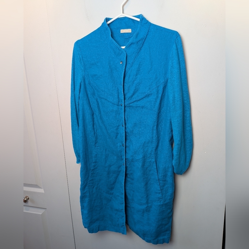RIANI Blue 100% Linen Dress 3/4 Sleeves With Pockets Size 10 Pressure Buttons